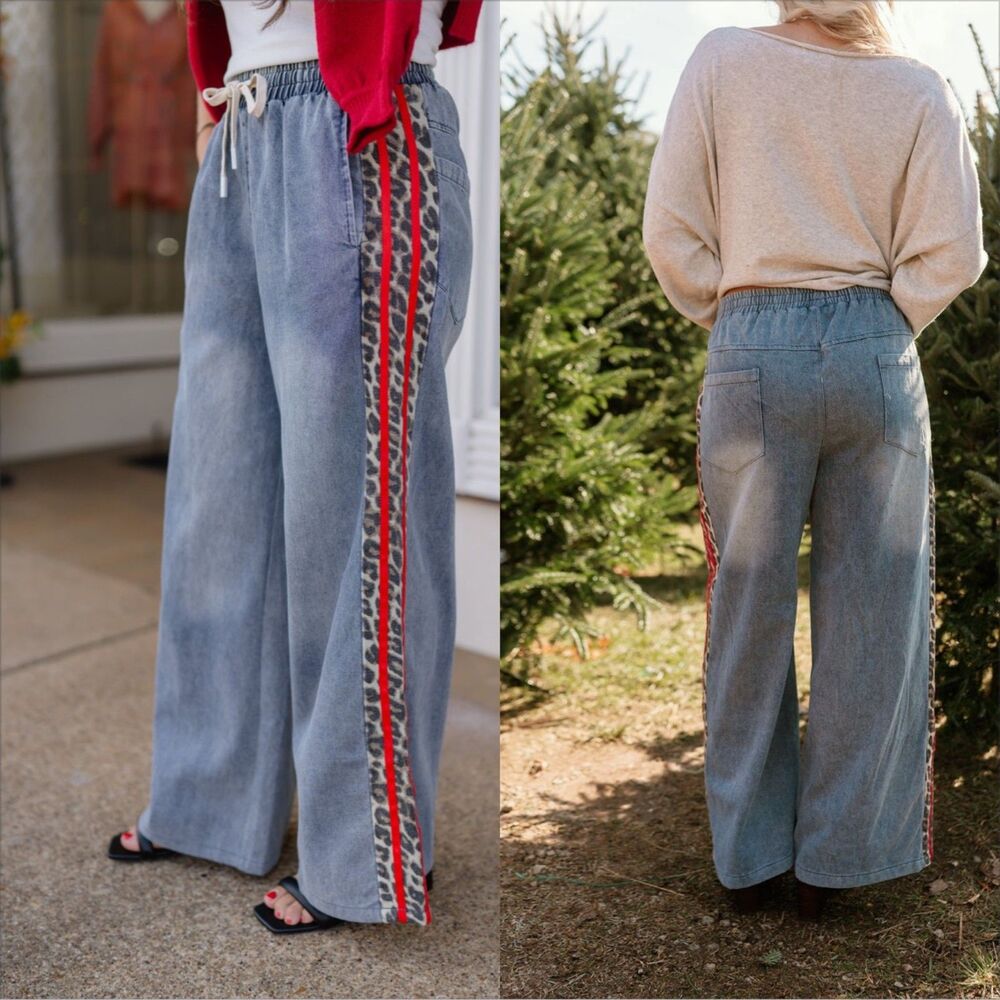 Jodifl Drawstring Wide Leg Leopard Side Denim Pants Size XL Stripe High Rise - Picture 2 of 8